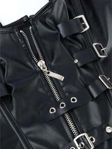 Women's Dark Punk PU Leather Double Strap Corset Top, Waist-Cinching Body-Shaping Bustier, Sexy Vintage Bust-Support Top, Daily Party Wear, Halloween Costume, Cosplay, Black Corset Top - Black - View 6