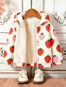 Baby Girl Strawberry Print Warm Hooded Jacket - Beige - View 1