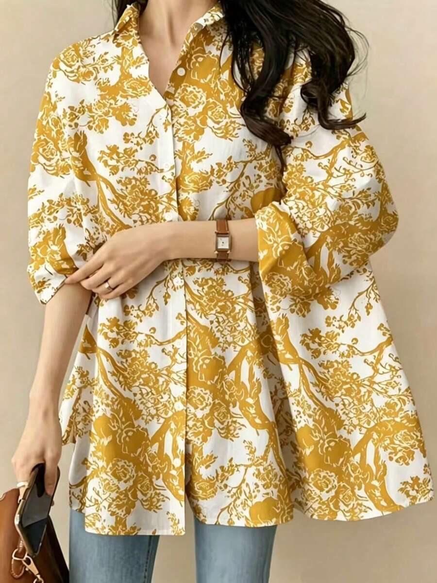 大尺碼女款寬鬆版型植物印花襯衫，適合畢業派對、度假、海灘及戶外春夏季穿著，黃色