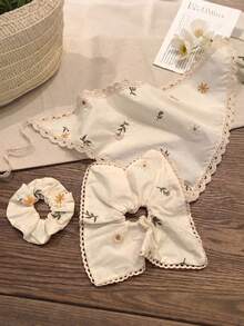3pcs French Country Style Daisy Embroidered Headband, Hair Tie And Square Scarf Set, Lace Trim Triangle Scarf, Summer Bohemian Style Hair Accessories, Versatile For Daily And Vacation Use Beach Bandanas Vacay Scarf - Multicolor - View 12