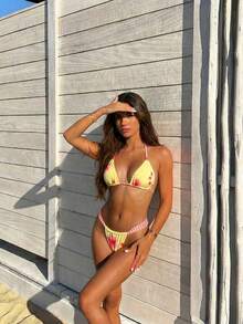 2026 Summer New, Women's Tropical Floral Print Halter Bikini Set, Cute Summer Swimwear, Casual Beachwear, Printed Design Vacation - Multicolor - View 2