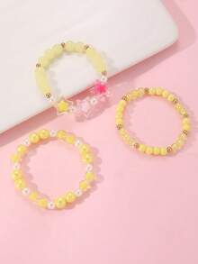 3件/組 女孩卡通蝴蝶結彩色珠子串珠手鍊組合套裝，適合日常裝飾 - 彩色 - 查看 3