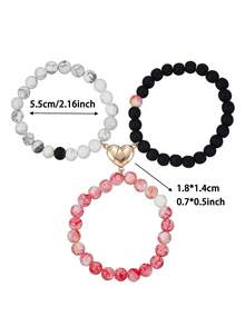 Heart Connecting Beaded Bracelet Pack, Marble Pattern Natural Stone Bead Elastic Wristbands, Best Matching Friendship Jewelry For 3 Friends - Multicolor - View 2