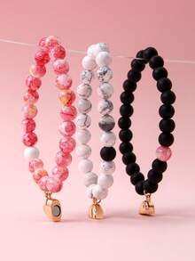 Heart Connecting Beaded Bracelet Pack, Marble Pattern Natural Stone Bead Elastic Wristbands, Best Matching Friendship Jewelry For 3 Friends - Multicolor - View 6