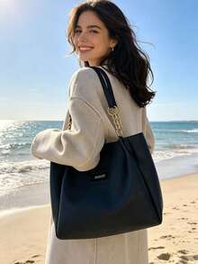Large Capacity Chain Strap Tote Bag, Women's Minimalist PU Leather Shoulder Bag, Solid Color Commute & Daily Handbag - Black - View 8