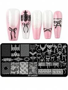 Lace Bow Nail Art Stamping Plate, Vintage Floral Mesh Ribbon Bow Lace Pattern Nail Art Template Stamping Plate, DIY Nail Printing Tool Mold, Suitable For Nail Salons And Home Nail Design Decoration - Silver - View 8
