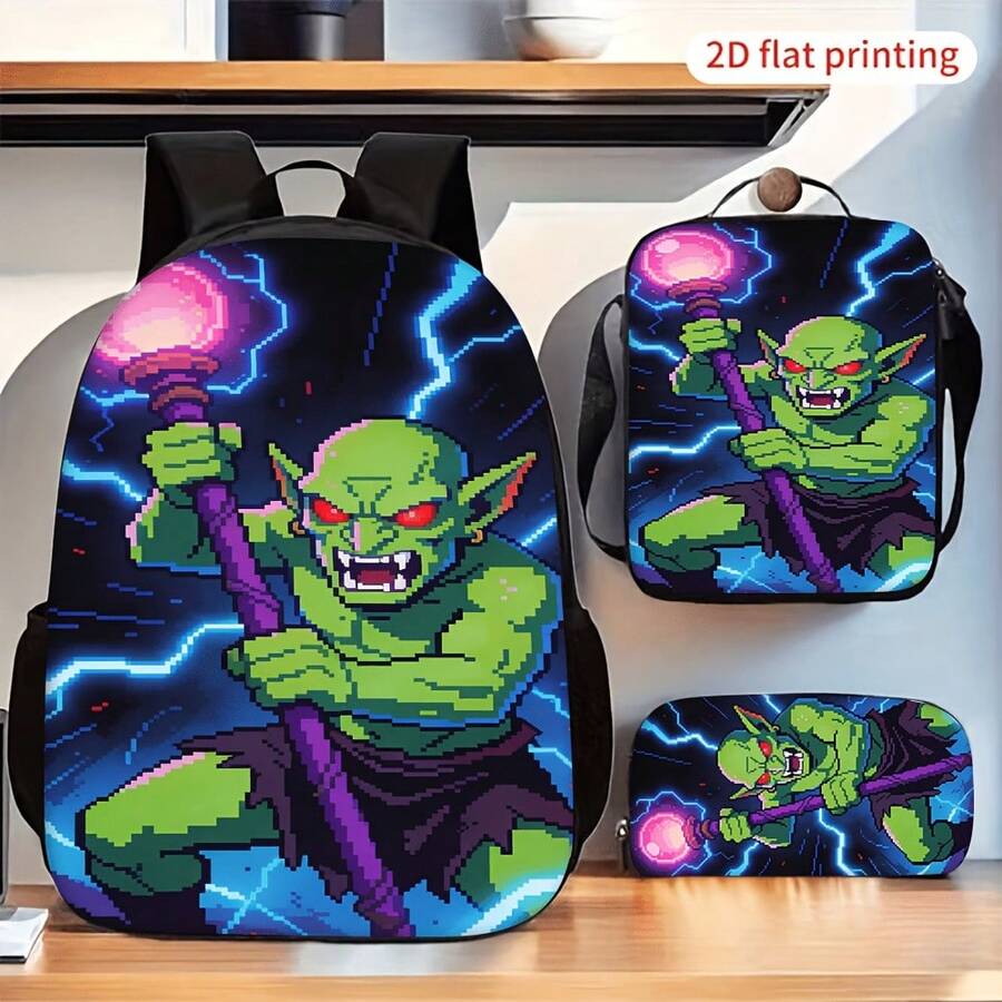 Ensemble 3 pièces : Sac à dos avec motif éclair de lutin vert pixel, sac à dos à la mode, sac à bandoulière portable et sac de papeterie - Noir - Voir 1
