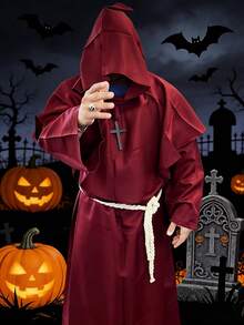 1pc Medieval Renaissance Style Long Robe Cloak, Halloween Monk Costume With Cross Necklace And Waist Rope - Red - View 3