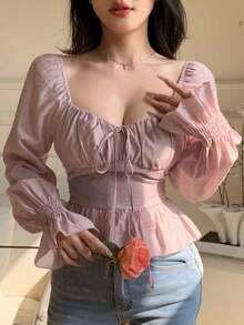 Camisa corta de mujer con cuello cuadrado, manga larga y bajo con volantes, ropa de vuelta al colegio, top de muñeca para el Día de San Valentín - Rosa - Ver 4