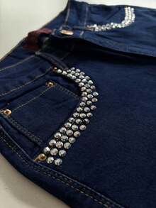 pthirillo Women's Dark Blue Flare Jeans With Butt-Lifting, High Waist And Premium Glitter Rhinestones - 水鑽口袋 前片 後片 - 查看 2