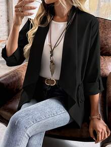 Solstice Apparel Waterfall Collar Open Front Casual Jacket Side Drawstring Waist Roll‑Up Sleeve Elegant Commuter Women Outerwear Black - Black - View 3