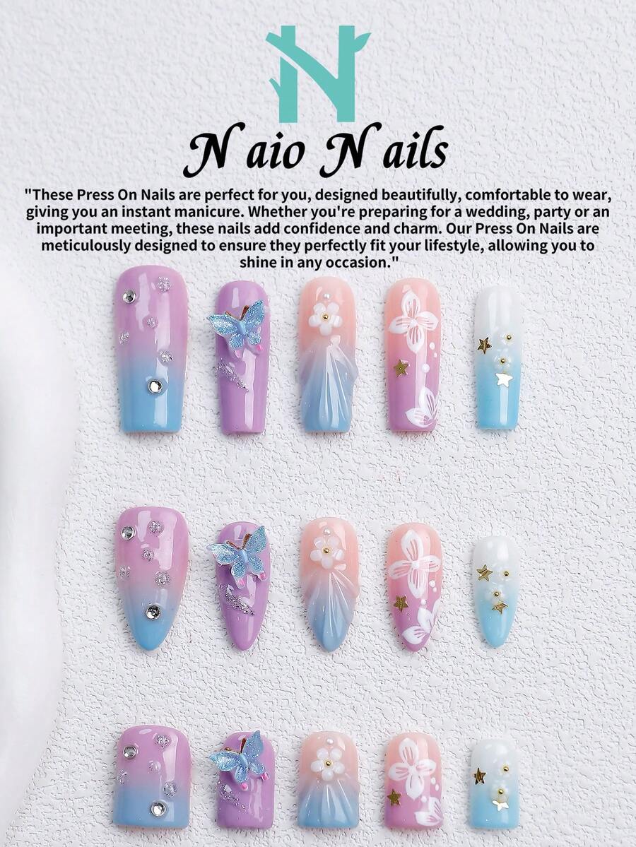 NAIO 10片/組手工穿戴式假指甲,3種尺寸:棺材形/杏仁形/短方型,Y2K夢幻風,馬卡龍漸層色,附3D蝴蝶與花朵設計、星星與水鑽裝飾,適合女性與女孩,日常使用與派對,女士美甲禮物首選 - 彩色 - 查看 1
