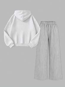 2PCS Vintage Street Girls Matching Set,Portrait Print Hoodie & Striped Wide Leg Pants, Soft Casual Street Outfit - Light Grey - View 2