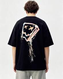 2026 Men's Loose-Fit T-Shirt With Splash Pattern, Crew Neck, Short Sleeve, Streetwear, Summer T-Shirt - 黑色 - 查看 3