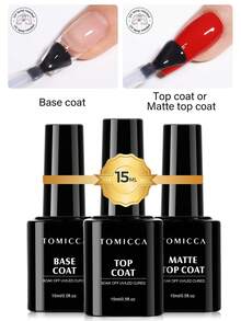 TOMICCA 3件組 15ml 透明底膠 & 亮面封層 & 霧面封層套組，需 UV/LED 燈照乾，快乾凝膠指甲油套組，適合 DIY 家用美甲或女性禮物 - 無色 - 查看 9