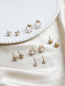 6 Pairs Fashion Flower Faux Pearl Rabbit Rhinestone Heart Combination Earrings For Women, Suitable For Daily Wear, Parties And Outings, Exquisite Stud Earrings Set - Yellow Gold - View 2