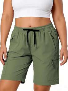 Plus Size Women's Sports Cargo Pants With Multiple Zipper Design, Versatile Solid Color All-Match Pants. Outdoor Sports Shorts. Women's Bottoms Summer - Army Green - View 10