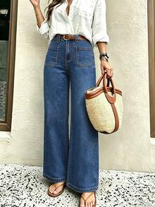 New Arrival Fashionable Loose Straight Blue Denim Jeans For Women - Navy Blue - View 2