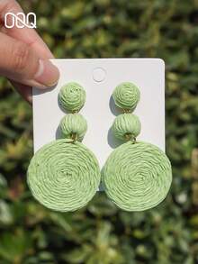 OOQ 1 Pair Handmade Raffia Geometric Double Circle Earrings, Fashion Sweet Elegant Versatile Earrings For Women, Suitable For Beach Vacation Travel Outfit Accessories (Handmade Raffia Weaving, Shape & Direction Random) - Light Green - View 2