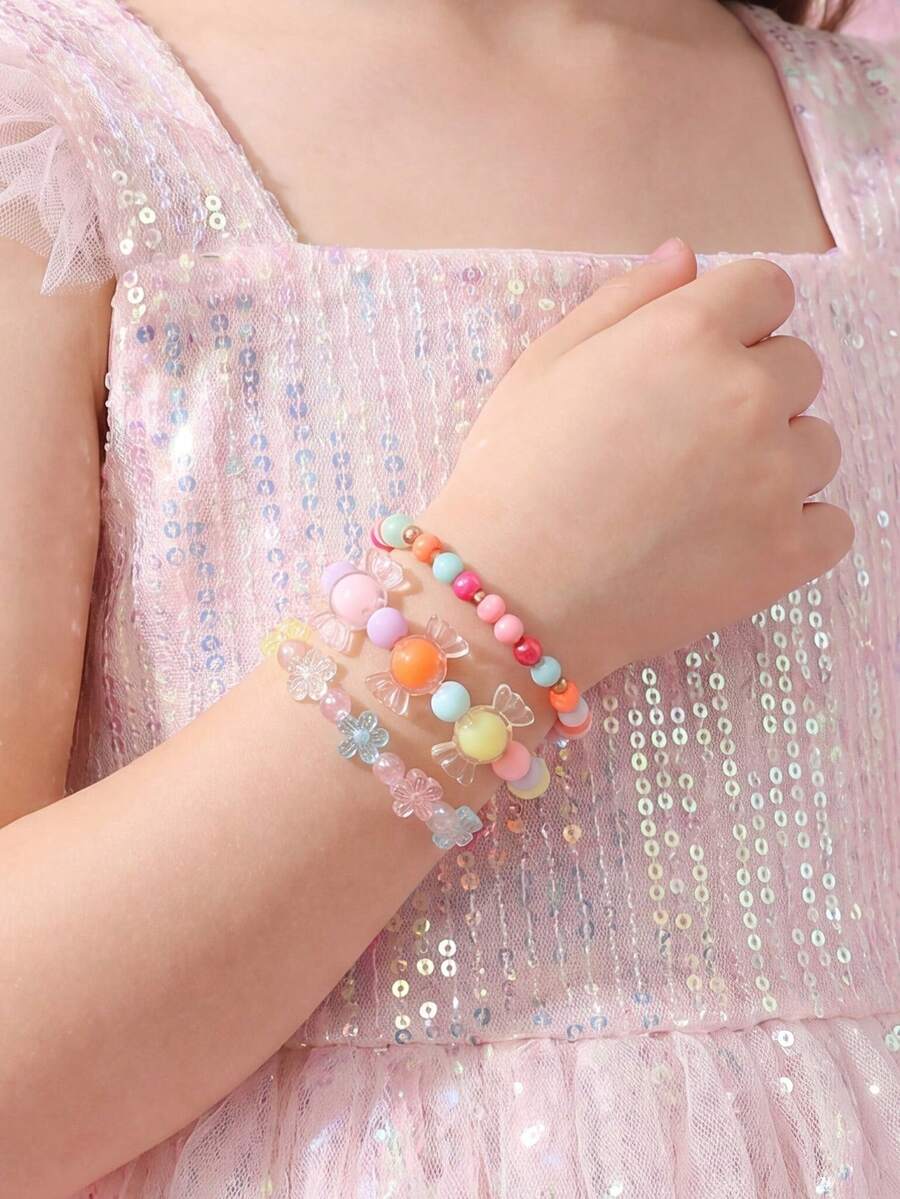 3件組女孩卡通蝴蝶結彩色珠子串珠手鍊組合,適合日常裝飾 - 彩色 - 查看 1