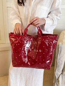 Summer Red New PVC Waterproof Women's Tote Bag, Fashionable Exquisite Floral Pattern Versatile Handbag For Commuting/Vacation - Red - View 4