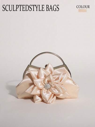 SCULPTEDSTYLE BAGS 1個 香檳色緞面花卉水鑽花朵接吻鎖扣手拿包 晚宴手提包 優雅女款手提包 適合新娘包、婚禮及舞會派對使用