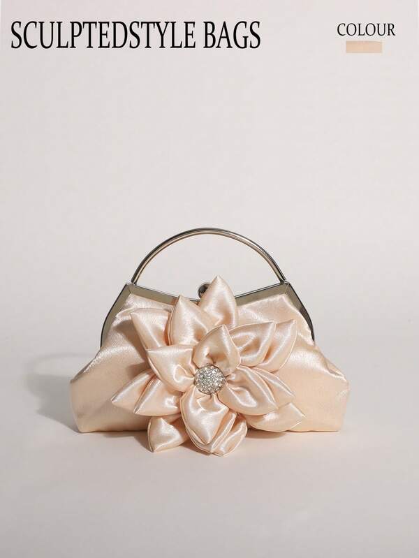 SCULPTEDSTYLE BAGS 1個 香檳色緞面花卉水鑽花朵接吻鎖扣手拿包 晚宴手提包 優雅女款手提包 適合新娘包、婚禮及舞會派對使用