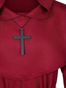 1pc Medieval Renaissance Style Long Robe Cloak, Halloween Monk Costume With Cross Necklace And Waist Rope - Red - View 4