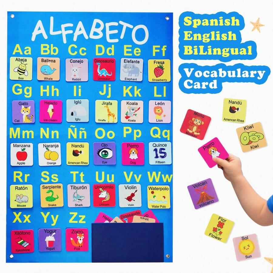 兒童早期語言學習玩具，英西雙語教學毛氈板，ABC字母與單字互動學習遊戲，教室教學單字卡教育工具，適用於家庭與教室教學用品，男孩女孩禮物