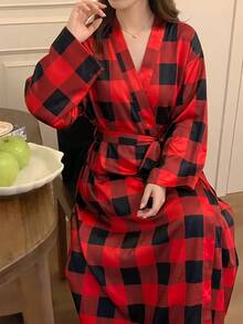 女款春夏秋新款睡袍家居服浴袍，洋裝式可穿式長款睡袍，寬鬆性感繫帶睡袍睡裙，和服風浴袍 - 紅色格子 - 查看 4