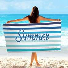 1pc Ultra Soft Blue Striped Summer Pattern Printed Microfiber Beach Towel, Home Decor, Suitable For Beach, Pool, Camping And Travel, Extremely Comfortable - Multicolor - View 2