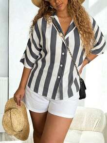Chemise ample décontractée et polyvalente pour femmes grandes tailles, style simple à rayures grises, top décontracté pour femmes, tenue de vacances - Gris pâle - Voir 6