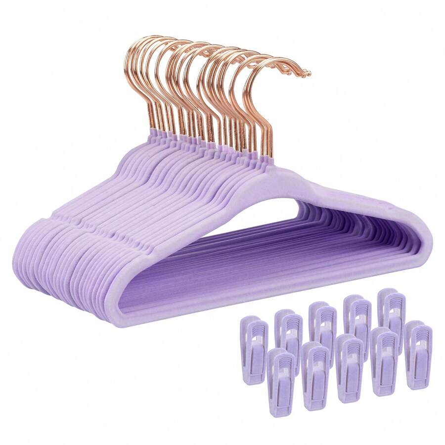 50 Pack Baby Velvet Hangers-11" Non-Slip Space Saving Clothes Hangers With 10 Finger Clips, 360° Swivel Hook, Strong & Durable Hangers For Closet Organizer,Purple - 查看 1