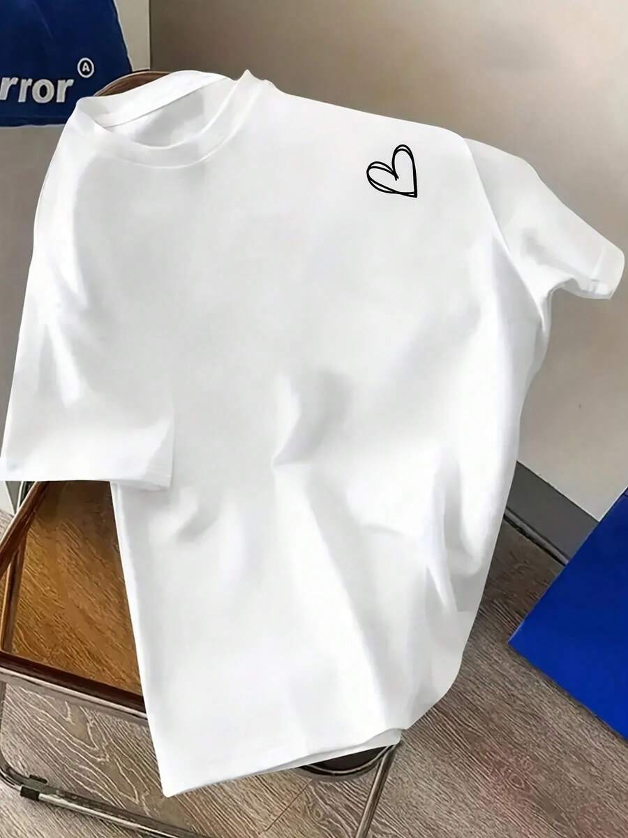 Tops,Women's Short-Sleeve Round-Neck Sports T-Shirt With Heart Print - 白色 - 查看 1