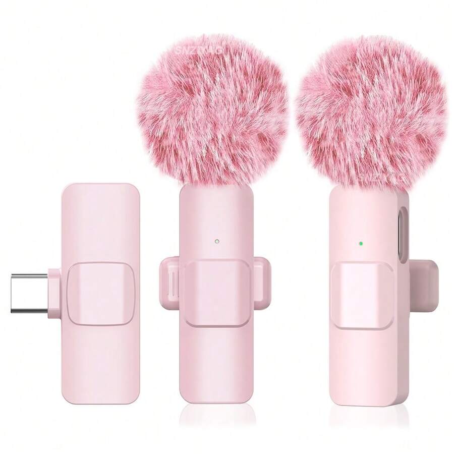 New Pink Wireless Clip-On Microphone With Windscreen Adapter, Portable Audio/Video Recording, Compatible With Android Phones, Computers, Cameras, Live Streaming, Gaming, Phones, Suitable For Summer Vacation Travel, Audio/Video Recording, Interviews, Gaming And Live Streaming, Mini Microphone. - Pink - View 1