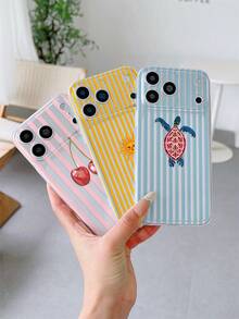 3pcs Transparent Anti-Drop Full Coverage TPU Soft Phone Case, UV Printed Pink Stripes With Cherry Turtle Sun Combination Pattern Fashionable Phone Case, Compatible With IPhone 7/8/7PLUS/8PLUS/X/XS/XR/XSMAX/11/11PRO/11PROMAX/12/12PRO/12PROMAX/12MINI/13/13PRO/13PROMAX/13MINI/14/14PRO/14PROMAX/14PLUS/15/15PRO/15PROMAX/15PLUS/16/16pro/16promax/16PLUS/17/17pro18/18 Pro/18 Pro Max - Multicolor - View 2