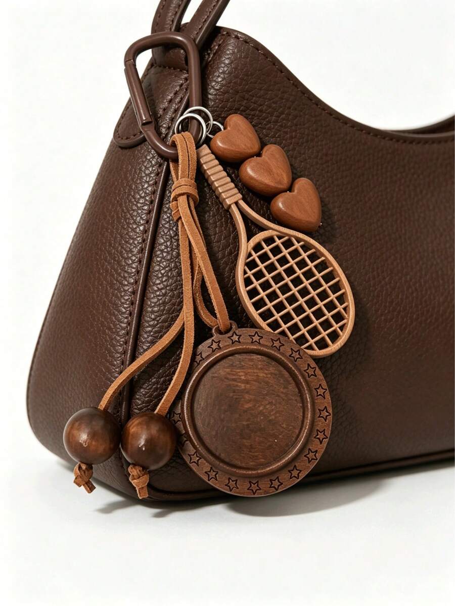 1PC Wooden Style Tennis Racket Keychain, Handmade Pendant For Bag Car, Brown Mini Sport Key Ring, Unique Gift For Him - Multicolor - View 1