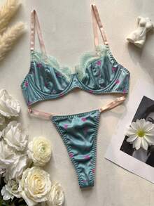 Women's Satin Floral Print Bra And Thong Set, Lace Trim 2-Piece Lingerie Set - Dusty Blue - View 2