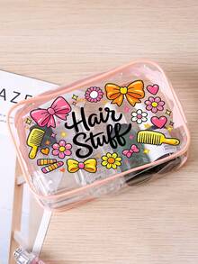 Bolsa de maquillaje de viaje con lazo, incluye peine para el cabello y bolsa de maquillaje transparente con estampado floral y cremallera, bolsa organizadora de maquillaje portátil linda y colorida, decorada con detalles de corazón y estrella, diseñada para entusiastas de la belleza para viajes y almacenamiento diario de artículos de tocador y accesorios para el cabello, adecuada para viajes, picnic, fiesta, cita, playa, verano, regreso a la escuela, dormitorio, Día del Maestro, regalo del Día de la Madre - Multicolor - Ver 6