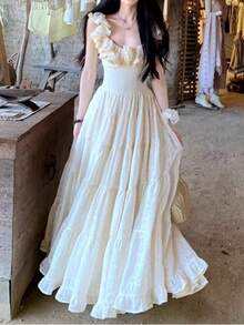 Dress, Wedding Dress, Long Dress, Wedding Guest Dress: Heavyweight Material, Extra-Wide Skirt, Strapped Waist-Defining Dress (Women's Resort Dress) - Apricot - View 9