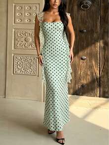 Elegant Green Polka Dot Maxi Dress, Women's Sleeveless Backless Cold Shoulder Charming Cocktail Party Dress, Vintage Style Formal Gown - Green - View 4