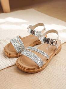 1 Paar Mädchen Silber Glitzer Doppeltriemen Prinzessin Sandalen, verstellbare Metallschnalle Knöchelriemen, rutschfeste flache Sohle, atmungsaktive offene Zehenpartie leichte Sommerschuhe, geeignet für Kleinkinder.Kinder Alltag.Party.Bühne.Reisen.Zuhause.Outdoor Kindersandalen - Silber - Übersicht 2