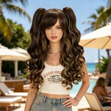 Multi-Color Y2K & K-POP Style Pigtail Long Wavy Heat Resistant Wig, With Bangs, Detachable Design, Ideal For Lolita Outfits, Cosplay, Themed Parties & Halloween, Voluminous Smooth Easy-Wear Full Head Wig - Multicolor - View 8