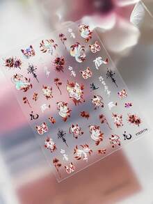 1片 5D日式狐狸美甲貼紙，紅花彼岸狐狸面具DIY美甲配件，簡易手工美甲貼紙，夏季美甲貼紙與裝飾，女孩美甲產品，適合萬聖節、哥德風派對及日常美甲 - 彩色 - 查看 6