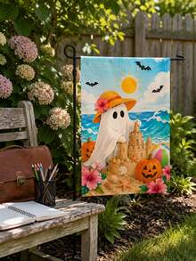 1pc Halloween Beach Ghost Print Garden Flag, Coastal Style Linen Yard Banner, Double-Sided, Fade-Resistant Weather-Resistant, Cute Ghost Sandcastle Pumpkin Bat Hibiscus Decorative Flag, Suitable For Outdoor Lawn Patio Porch Farmhouse Halloween Party Holiday - Multicolor - View 8