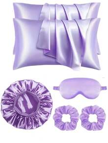 6pcs Women's Sleeping Cap, Pillowcase, Scrunchie, Eye Mask Set, Casual Polyester Satin Solid Color Suit, Gift For Daily, Vacation, All Seasons - 6-piece Set - View 6