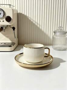 6 Sets / 1 Set 90ml (Approx. 3oz) Gold Rim Vertical Stripe Ceramic Cup And Saucer Set, Minimalist Aesthetic Drinkware Suitable For Home Cafe Use, Espresso Cup For Afternoon Tea, Mother's Day Gift, Graduation Gift, Summer Kitchen Essential, Birthday Decoration, Kitchen, Espresso Cup And Saucer Set, Coffee Cup Set, Tea Cup Set, Ceramic Cup Set - Multicolor - View 7