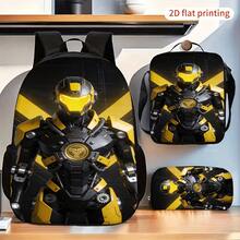 3-Piece Backpack Set, Cool Yellow-Black Printed Design Featuring An Armored Mecha Warrior, Fashionable Everyday Backpack Set With Matching Shoulder Bag And Pencil Case, Stylish Printed Backpack For School. - Black - View 2