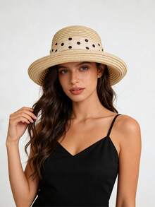 1pc Women's Summer Minimalist Vintage Polka Dot Bow Ribbon Rolled Brim Outdoor Sun Protection Straw Hat, Summer Hot-Selling New Fashion Easy-To-Care-For Face-Slimming Outdoor Sun Protection Beach Straw Hat, Comfortable Casual Suitable For Outings, Gatherings, Shopping, Travel, Vacation And Other Occasions - Multicolor - View 14