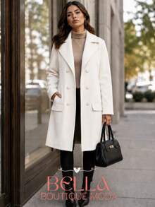 Women's Long Wool Coat, Parka, Or Overcoat, Elegant And With Front Button Closure. - 離開 - 查看 1
